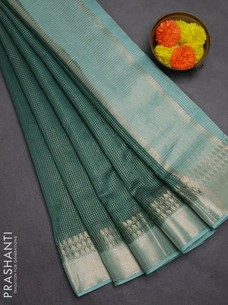 Banarasi silk cotton saree green and pastel green with allover small zari checked pattern and zari woven border