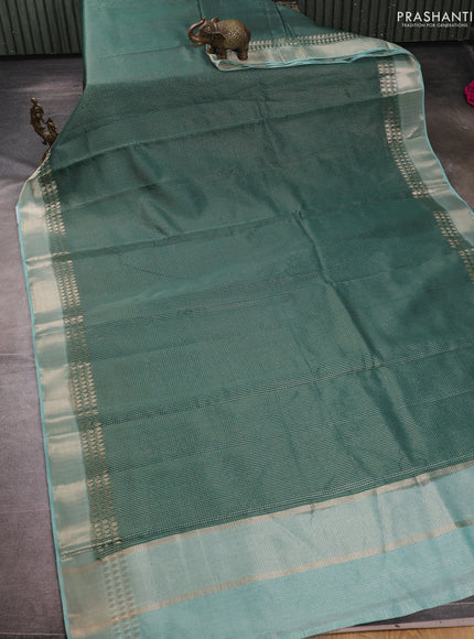 Banarasi silk cotton saree green and pastel green with allover small zari checked pattern and zari woven border