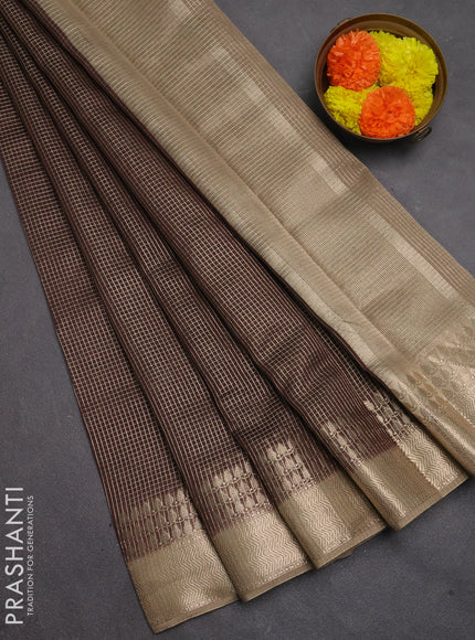 Banarasi silk cotton saree coffee brown and beige with allover small zari checked pattern and zari woven border