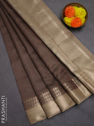 Banarasi silk cotton saree coffee brown and beige with allover small zari checked pattern and zari woven border
