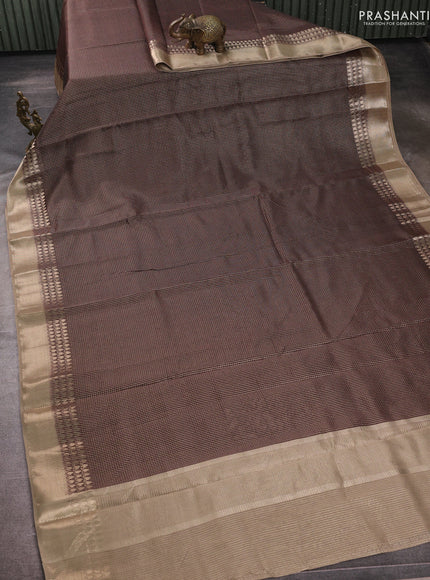 Banarasi silk cotton saree coffee brown and beige with allover small zari checked pattern and zari woven border