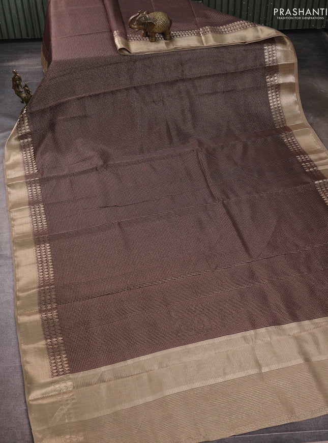 Banarasi silk cotton saree coffee brown and beige with allover small zari checked pattern and zari woven border