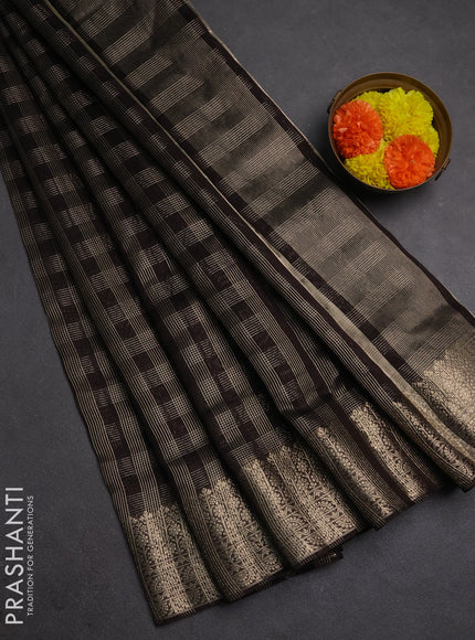 Banarasi silk cotton saree coffee brown with allover small zari checked pattern and zari woven border