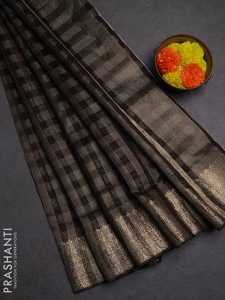 Banarasi silk cotton saree coffee brown with allover small zari checked pattern and zari woven border