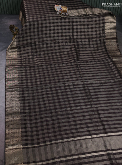 Banarasi silk cotton saree coffee brown with allover small zari checked pattern and zari woven border