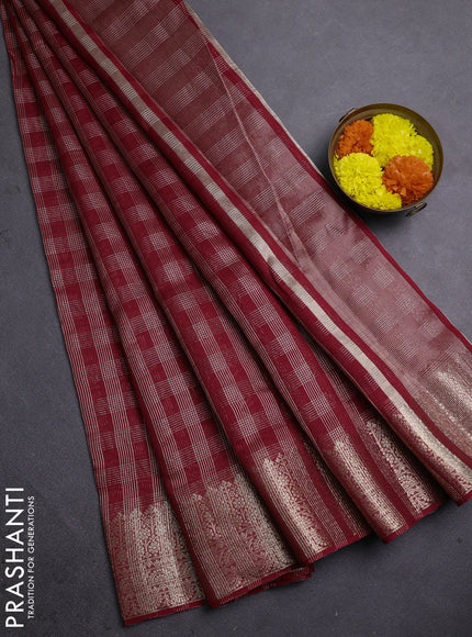 Banarasi silk cotton saree maroon with allover small zari checked pattern and zari woven border