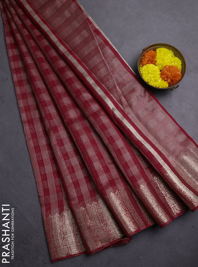 Banarasi silk cotton saree maroon with allover small zari checked pattern and zari woven border