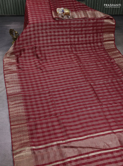Banarasi silk cotton saree maroon with allover small zari checked pattern and zari woven border