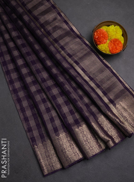 Banarasi silk cotton saree violet with allover small zari checked pattern and zari woven border