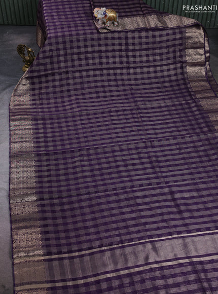 Banarasi silk cotton saree violet with allover small zari checked pattern and zari woven border