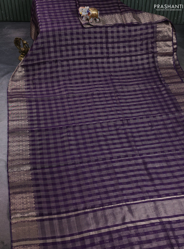 Banarasi silk cotton saree violet with allover small zari checked pattern and zari woven border