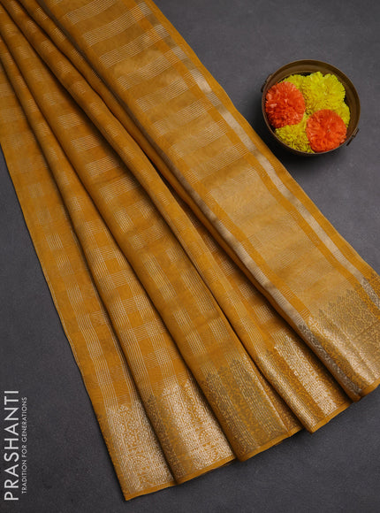Banarasi silk cotton saree mustard yellow with allover small zari checked pattern and zari woven border