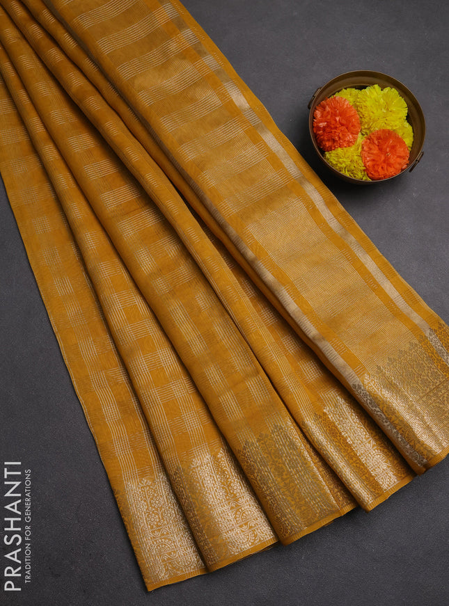 Banarasi silk cotton saree mustard yellow with allover small zari checked pattern and zari woven border