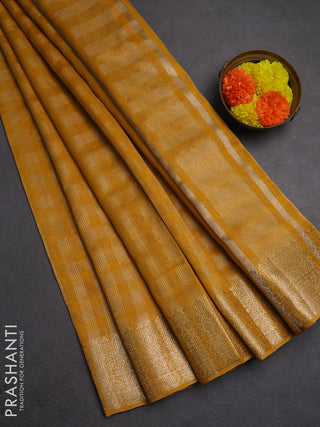 Banarasi silk cotton saree mustard yellow with allover small zari checked pattern and zari woven border