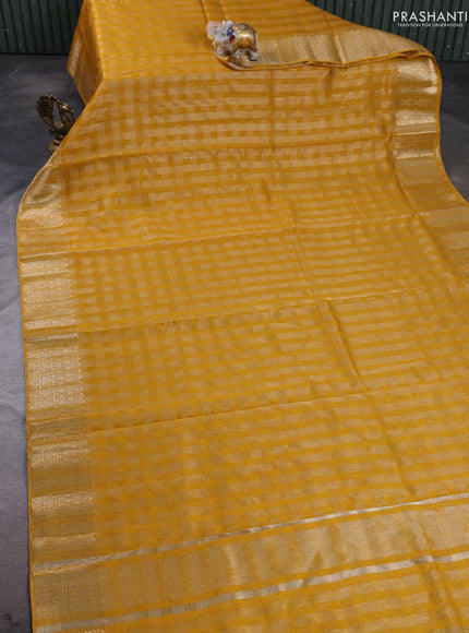 Banarasi silk cotton saree mustard yellow with allover small zari checked pattern and zari woven border