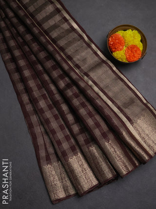 Banarasi silk cotton saree brown with allover small zari checked pattern and zari woven border