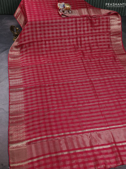 Banarasi silk cotton saree pink with allover small zari checked pattern and zari woven border
