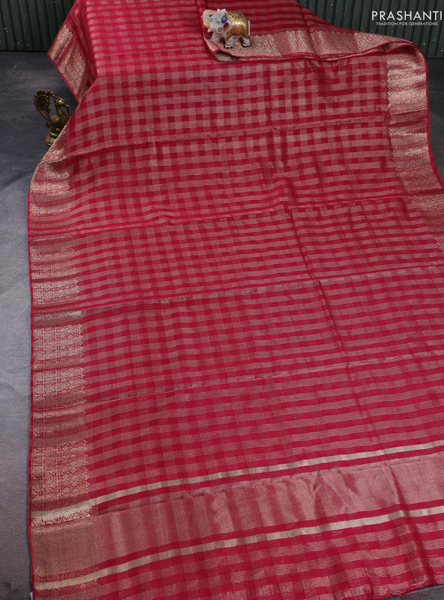 Banarasi silk cotton saree pink with allover small zari checked pattern and zari woven border