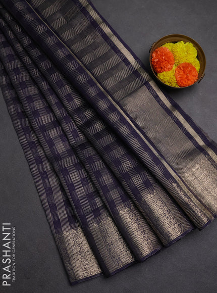 Banarasi silk cotton saree navy blue with allover small zari checked pattern and zari woven border