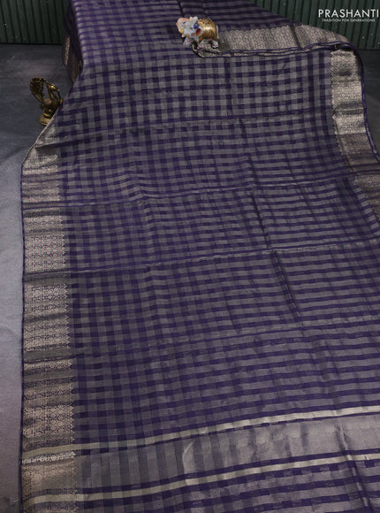 Banarasi silk cotton saree navy blue with allover small zari checked pattern and zari woven border