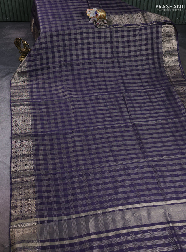 Banarasi silk cotton saree navy blue with allover small zari checked pattern and zari woven border