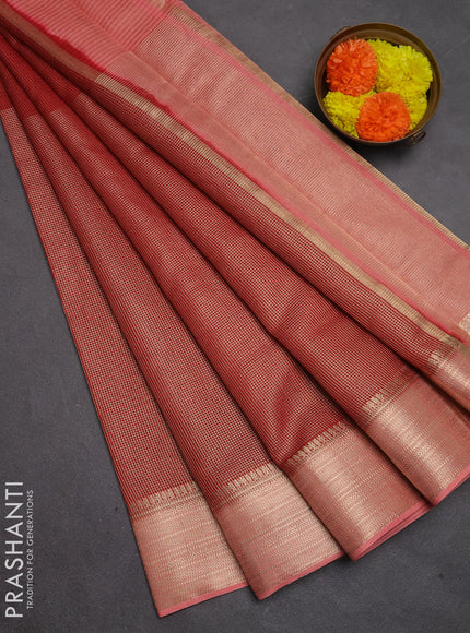 Banarasi silk cotton saree maroon and peach shade with allover small zari checked pattern and zari woven border