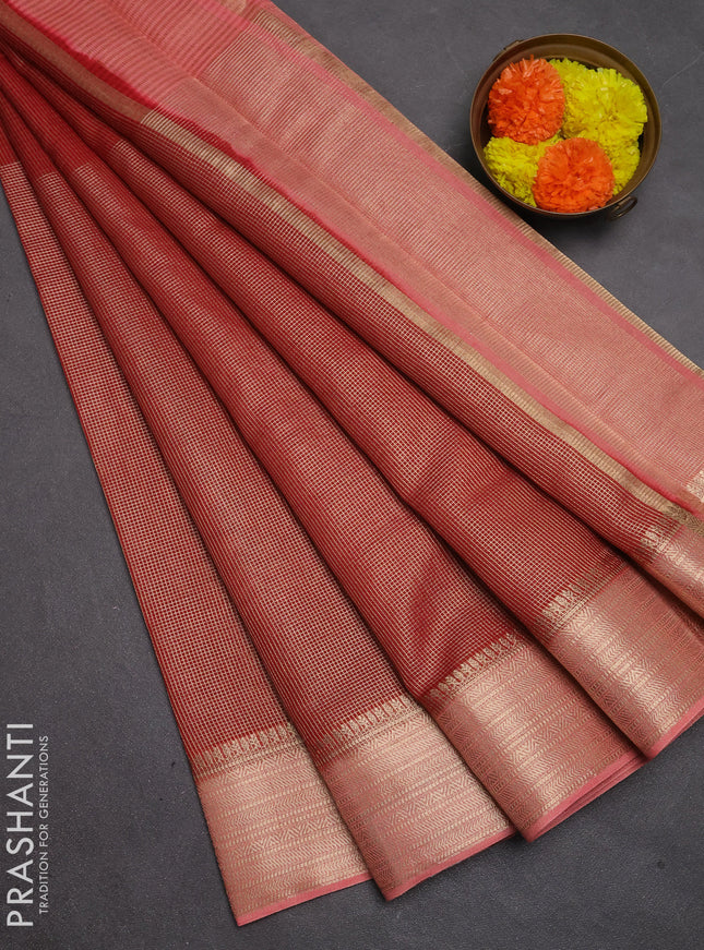 Banarasi silk cotton saree maroon and peach shade with allover small zari checked pattern and zari woven border