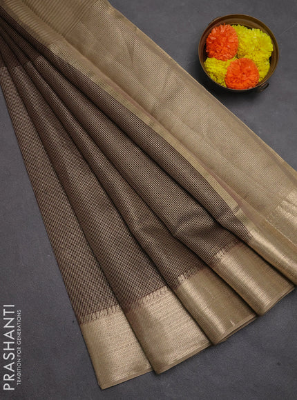 Banarasi silk cotton saree coffee brown and beige with allover small zari checked pattern and zari woven border