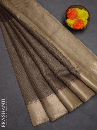 Banarasi silk cotton saree coffee brown and beige with allover small zari checked pattern and zari woven border