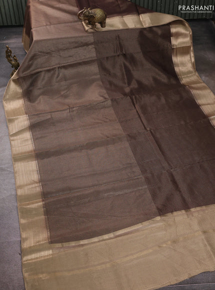 Banarasi silk cotton saree coffee brown and beige with allover small zari checked pattern and zari woven border