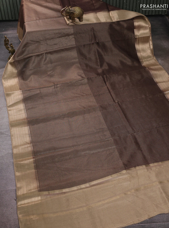 Banarasi silk cotton saree coffee brown and beige with allover small zari checked pattern and zari woven border