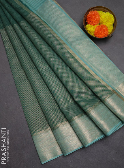 Banarasi silk cotton saree green and pastel green with allover small zari checked pattern and zari woven border