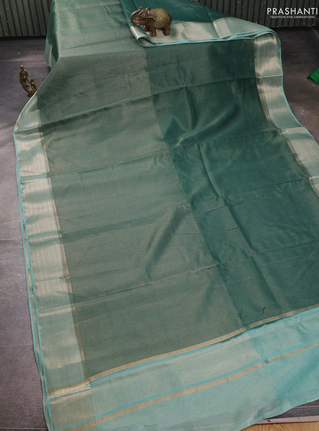 Banarasi silk cotton saree green and pastel green with allover small zari checked pattern and zari woven border