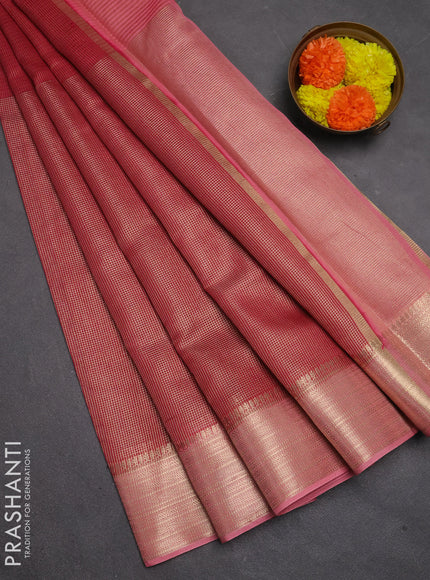 Banarasi silk cotton saree maroon and peach pink with allover small zari checked pattern and zari woven border