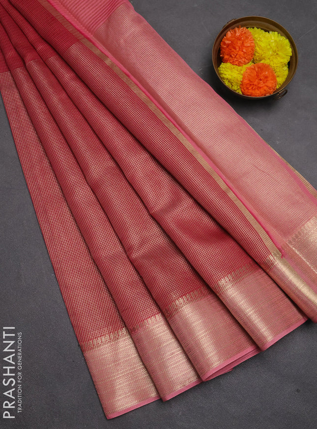 Banarasi silk cotton saree maroon and peach pink with allover small zari checked pattern and zari woven border