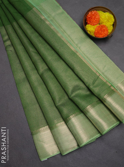 Banarasi silk cotton saree green and pista green with allover small zari checked pattern and zari woven border
