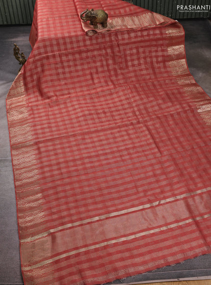 Banarasi silk cotton saree rust shade with allover small zari checked pattern and zari woven border