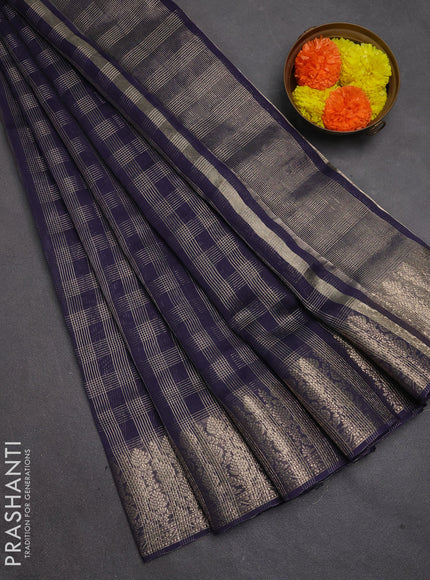 Banarasi silk cotton saree navy blue with allover small zari checked pattern and zari woven border