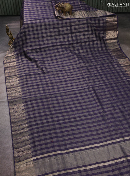 Banarasi silk cotton saree navy blue with allover small zari checked pattern and zari woven border