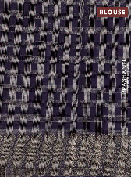 Banarasi silk cotton saree navy blue with allover small zari checked pattern and zari woven border