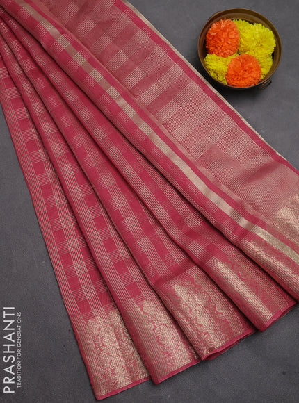 Banarasi silk cotton saree dark peach with allover small zari checked pattern and zari woven border