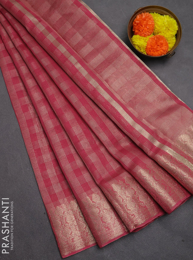Banarasi silk cotton saree dark peach with allover small zari checked pattern and zari woven border