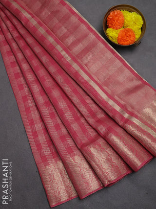 Banarasi silk cotton saree dark peach with allover small zari checked pattern and zari woven border