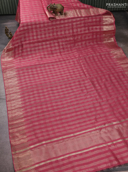 Banarasi silk cotton saree dark peach with allover small zari checked pattern and zari woven border