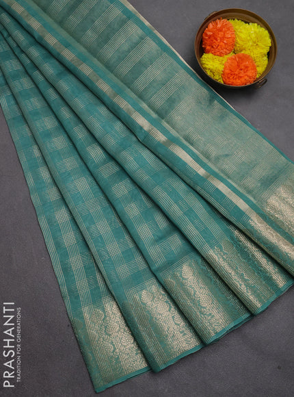 Banarasi silk cotton saree teal green with allover small zari checked pattern and zari woven border