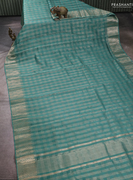 Banarasi silk cotton saree teal green with allover small zari checked pattern and zari woven border