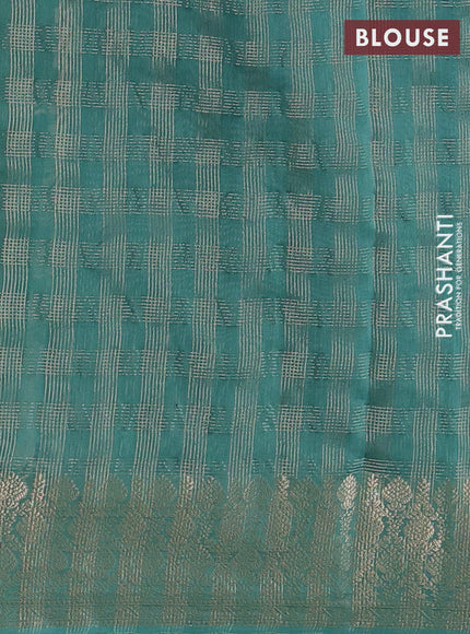 Banarasi silk cotton saree teal green with allover small zari checked pattern and zari woven border