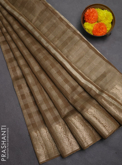 Banarasi silk cotton saree mehendi green with allover small zari checked pattern and zari woven border