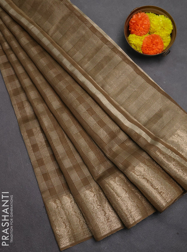 Banarasi silk cotton saree mehendi green with allover small zari checked pattern and zari woven border