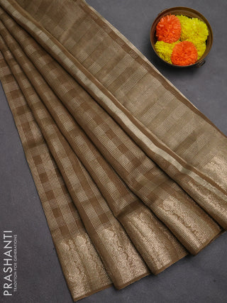 Banarasi silk cotton saree mehendi green with allover small zari checked pattern and zari woven border